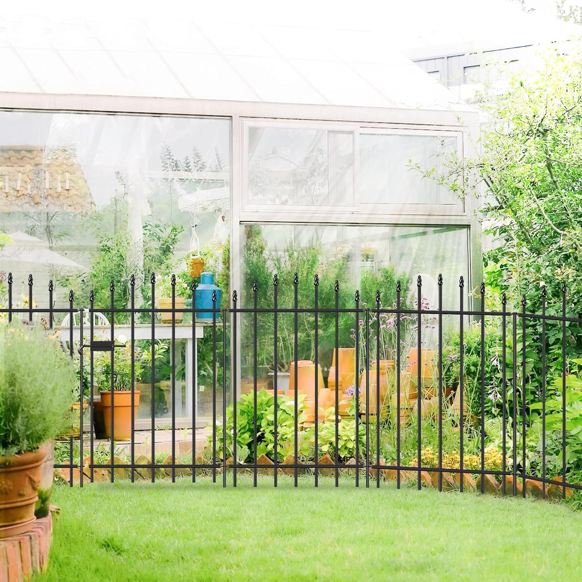 Metal Garden Fence with Gate 36 in H x 12 ft L, 1 Gate + 5 Panels Border Dog Fence Panels Animal Barrier, No Dig Garden Fencing for Yard Patio Flower Bed Lawn Outdoor, Arch Black