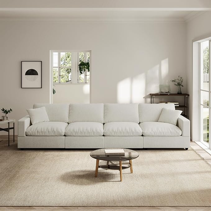 Modern Sectional Linen Couch for Living Room,4 Seat Modular Cloud Sofas,Detachable Couch Cushion Covers,Cozy Feather Down Sofa for Apartment Cream White