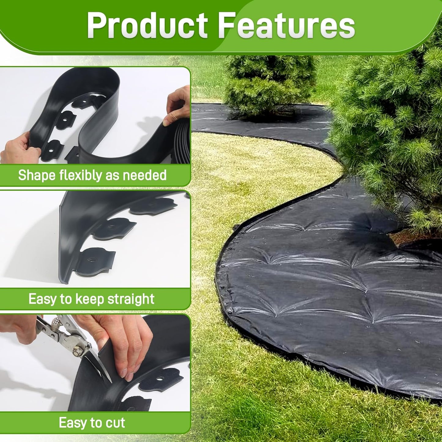 2 Inch x 100FT Landscape Edging Border with 90 Anchoring Spikes, No Dig Garden Border Edging Kit, Plastic Flexible Edging for Landscaping Garden Flower Beds Lawn Yard Paver Pathway, Black
