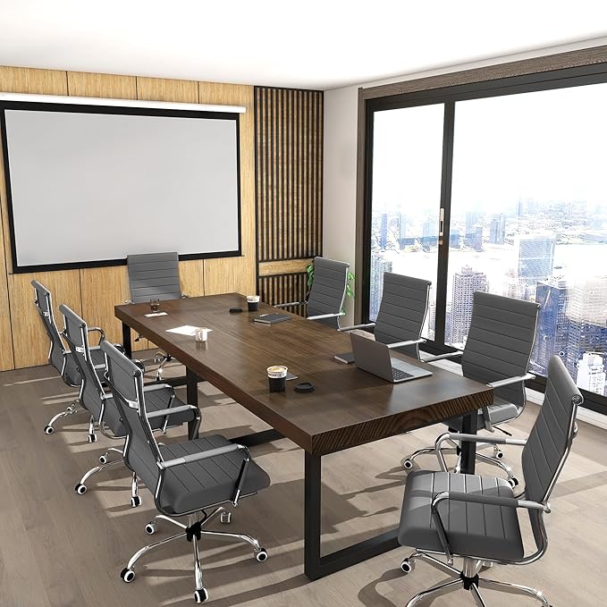 Home Office Chair Ribbed, Modern Leather Conference Room Chairs, Ergonomic Office Desk Chair, High Back Executive Computer Chair, Adjustable Swivel Chair with Arms (Grey)