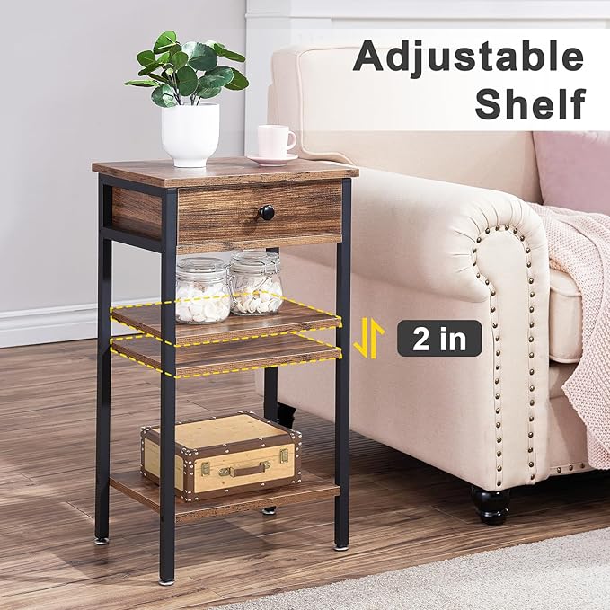 VECELO Tall End Side Table,Nightstand with Adjustable Shelf and Bin Drawer for Living Room/Bedroom/Entryway Small Spaces