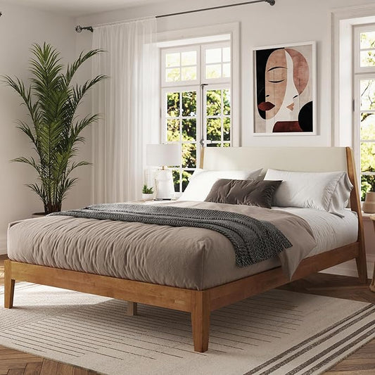 DG Casa Vandermark Solid Wood Easy Install Full Bed Frame with Unique Headboard and Wooden Slat Support Included No Box Spring Required - Beige Walnut