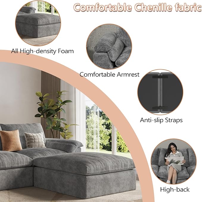 EASE MOOSE Oversized Cloud Couch Sectional Sofa, L-Shaped Large Modular Couch for Living Room, Minimalist Boneless Convertible Couches with Ottoman, 5-Seat Deep Sofas for Bedroom, Chenille (Grey)