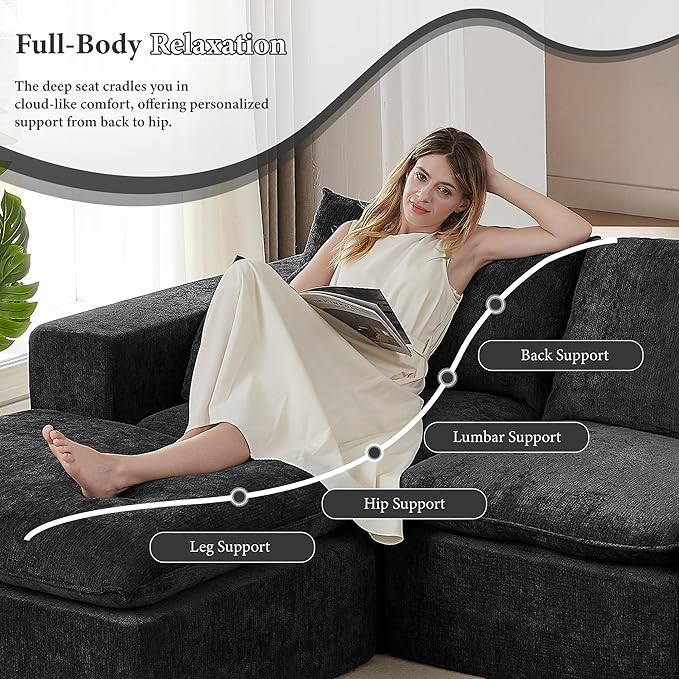 108" Sectional Couches for Living Room Boneless Couch Upholstered Cloud Couch Sectional Modular Sectional Sofa with L Shaped (Chenille-Black, 3 Seat+1 Ottoman)