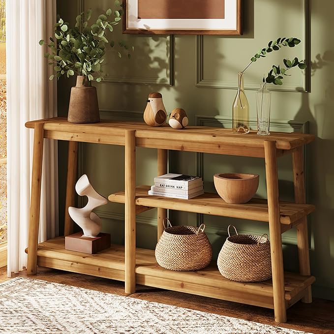LITTLE TREE Solid Wood Console Table, 63-Inch Farmhouse Sofa Table Behind Couch, 3-Tier Entryway Table with Storage, for Living Room, Hallway in Warm Wood Color