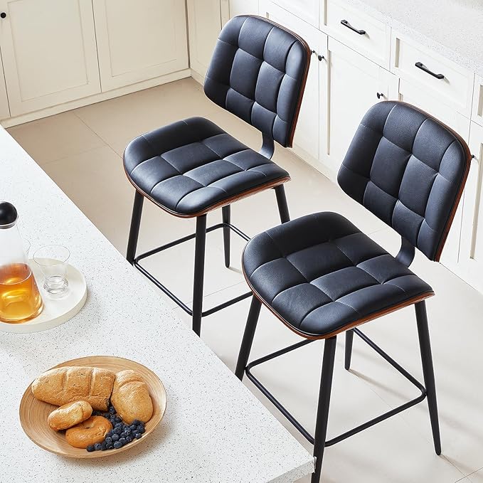 Mid Century Modern Bar Stools Set of 2 for Kitchen Island,Upholstered Black Faux Leather Counter Height stools,26 Inch Counter stools with Walnut Grain Back