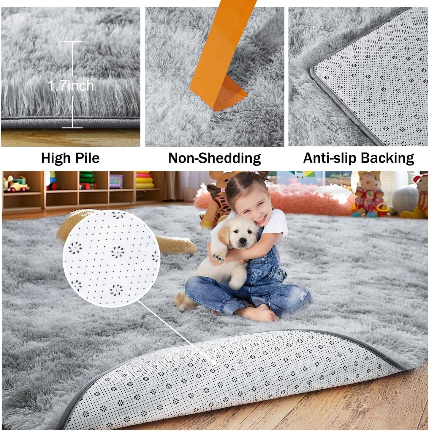 Rezutan Area Rugs 8x10 Living Room, Large Fluffy Rugs for Bedroom, Soft Carpet Shag Kids Room Rug,Fuzzy Rugs Indoor W/Non-Slip Bottom (Grey Tie-Dyed)