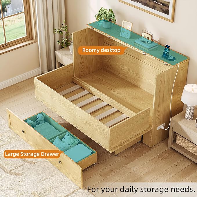 Murphy Bed Queen with Storage & Charging Station, Murphy Cabinet with Foldable Panel, Noisy Free, for Guest Bedroom, Living Room, Office, Distressed,Natural