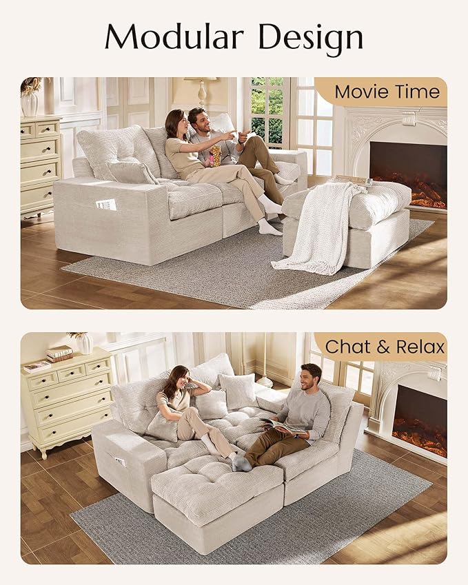 High Back Boneless Couch, L Shaped Cloud Couch with Versatile 2-Pack Pillow Blankets, Corduroy Modular Sectional Sofa with Ottoman, No Assemble Sectional Couches for Living Room, Warm White