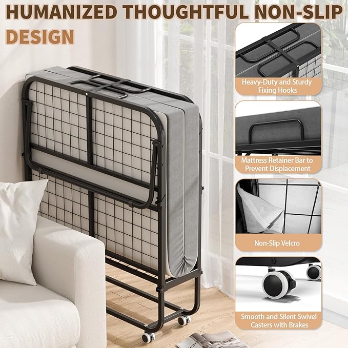 75" x 31" Folding Bed with Mattress for Adults, Portable Foldable Single Beds with Memory Foam Mattress & Super Strong Frame, Convenient Roll Away Guest Bed for Storage