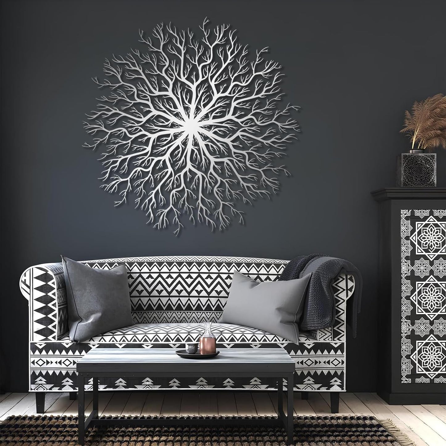 Tree of Life Metal Wall Art, Metal Tree Wall Art, Large Round Sculpture, Round Branch Wall Decor, Large Branch Artwork, Nature Sign, Wall Decor for Living Room, Housewarming Gift (Silver, 19"x19"|47x47cm)