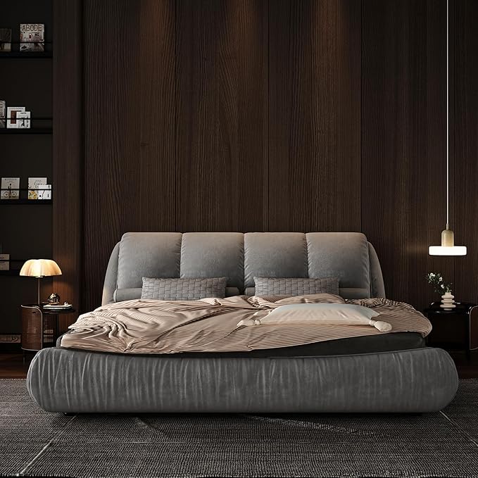 Queen Size Upholstered Platform Bed with Oversized Padded Backrest and Solid Wood Frame for Bedroom, Apartment Room (Grey, Queen (U.S. Standard))