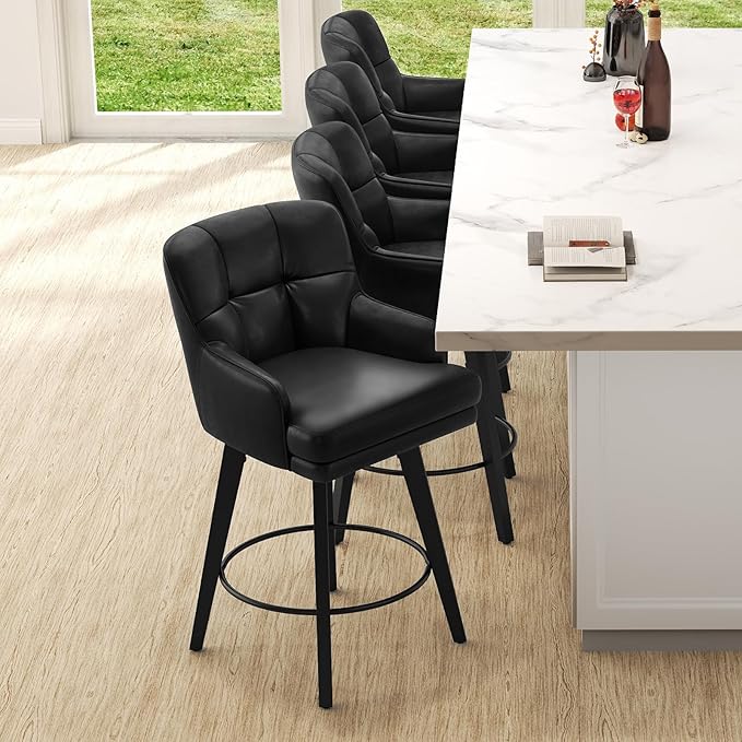 360°Swivel Counter Height Bar Stools with Back, 26 inch Solid Wood Legs, Bar Stool Modern Kitchen Island Chairs, Faux Leather (Black- Faux Leather, 26" H- Set of 4)