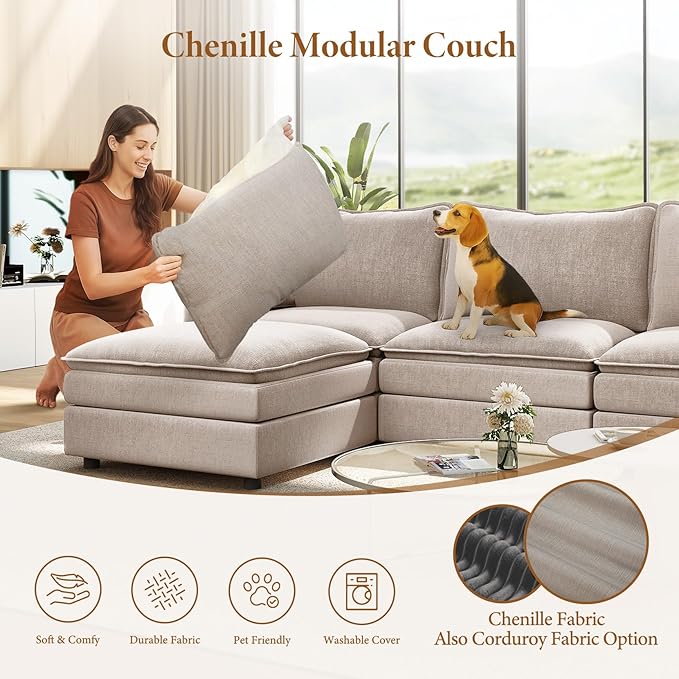 Vesgantti 108" Sectional Sleeper Sofa, 6-Seater Oversized Modular Cloud Couch with Movable Ottoman, Chenille Large Sofa Bed Convertible Deep Seat Couches for Living Room, Bedroom and Apartment, Brown