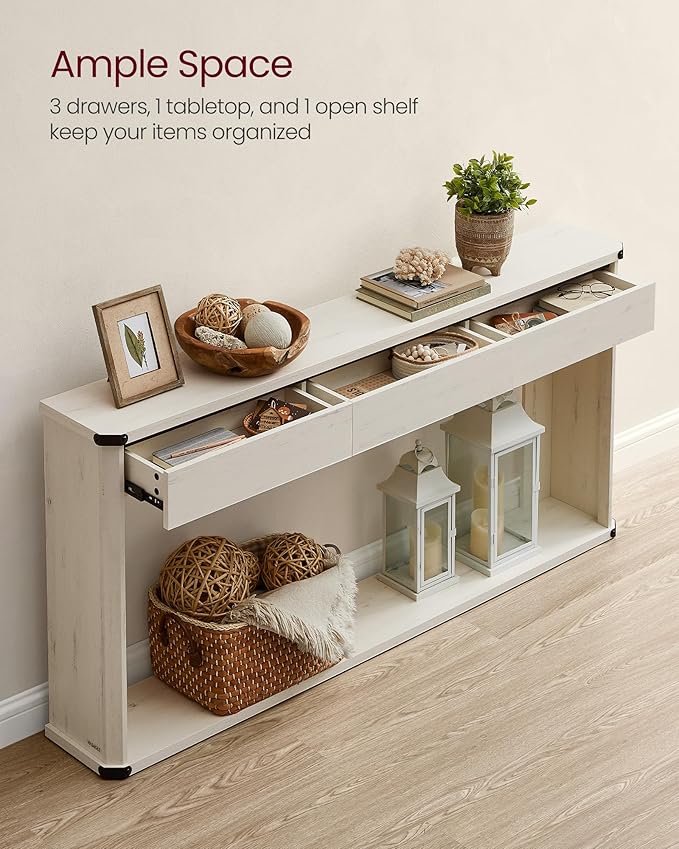VASAGLE Console Table, 63 Inches Sofa Table, Narrow Entryway Table, Entry Table with 3 Drawers, Bottom Shelf, Metal Corners, for Living Room, Bedroom, Farmhouse Style, Rustic White ULNT146W73