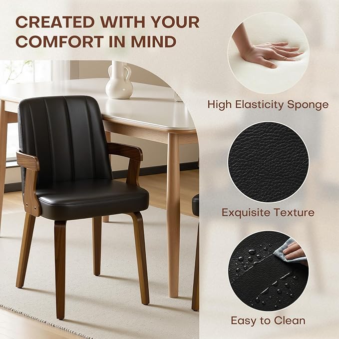 Kitchen Dining Chairs Set of 4, Faux Leather Upholstered Dining Room Chairs with Wood Arms and Legs, Mid Century Modern Kitchen Side Chair for Living, Bedroom, Restaurant, Walnut/Black