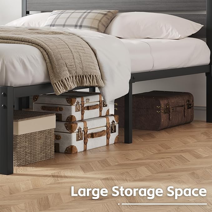 Queen Bed Frame with Headboard and Footboard, Metal Platform Bed Frame with Under Bed Storage, All-Metal Support System, No Box Spring Needed, Easy Assembly,Vintage Grey
