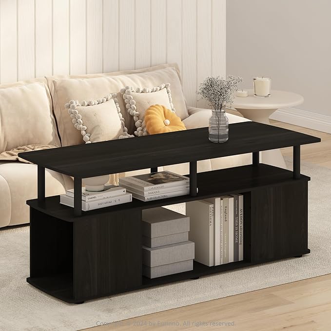 Furinno Jaya Coffee Table, Rectangle Modern Coffee Table with Open Shelf, Side Table with Side Storage, for Living Room, Bedroom, Home Office, Black