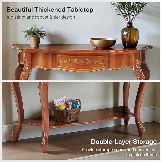 Tribesigns Vintage Console Table with Solid Wood Veneer, 47.2-Inch Mid-Century Modern Entryway Table with 2 Shelves, Victorian Furniture for Living Room, Hallway, Entrance, Foyer (Walnut)