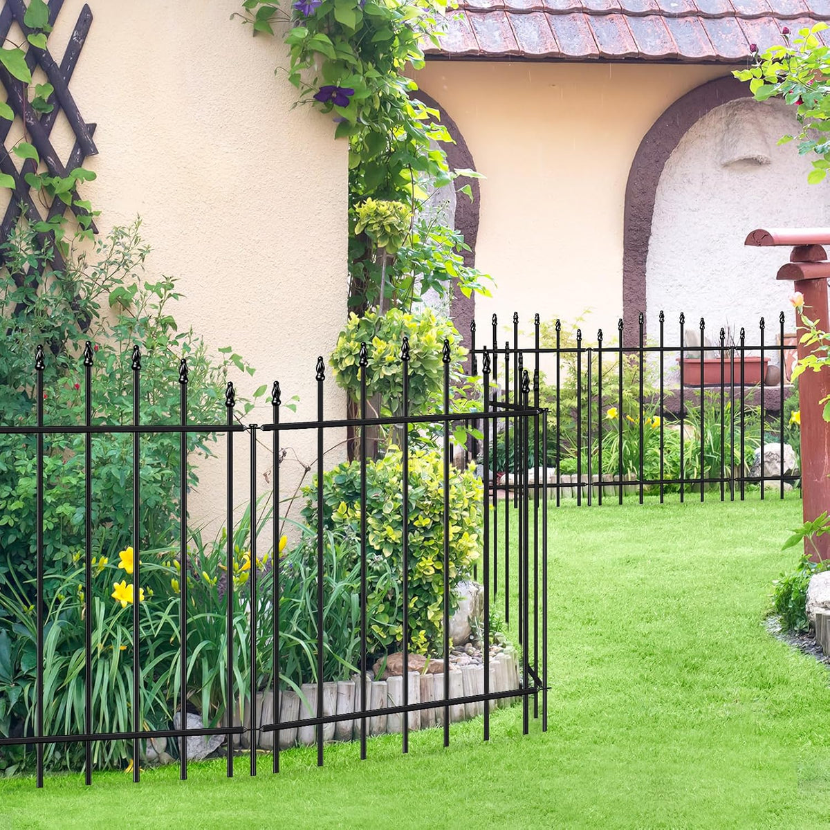 Metal Garden Fence 32 in H x 12 ft L, 6 Panels + 7 Stakes Border Dog Fence Panels Animal Barrier, No Dig Garden Fencing for Yard Patio Flower Bed Lawn Outdoor, Arch Black