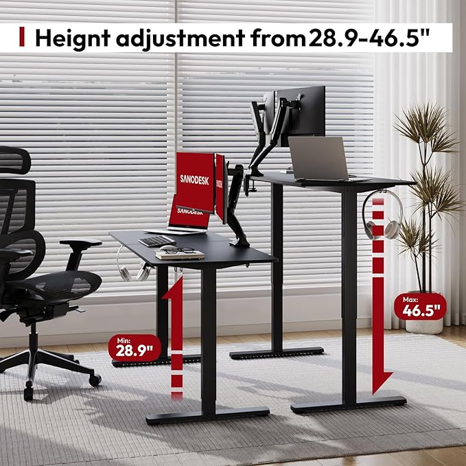 SANODESK Electric Standing Desk 55x24 Inch Height Adjustable Stand Up Desk Home Office Computer Workstation Sit Stand Home Office Desk with Splice Board (Black Frame + Black Top)