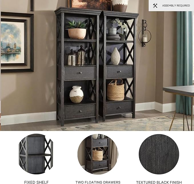 Signature Design by Ashley Tyler Creek Casual Farmhouse 75" Display Cabinet or Bookcase with Drawers and Shelf, Open Lattice Sides, Wood, Gray Black Finish