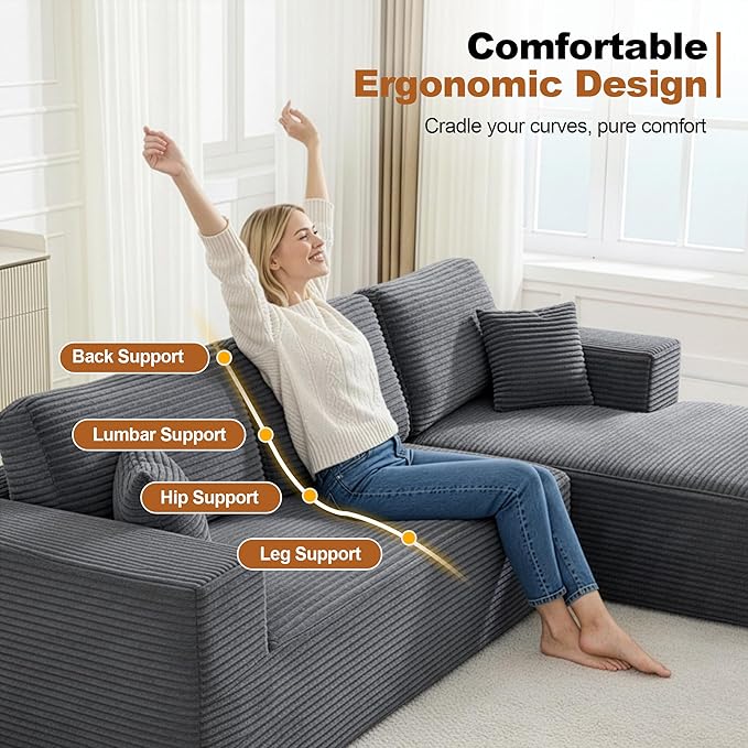 Cloud Modular Sectional Sofa Couch,L-Shape Modern Boneless Sectional Couch with Deep Seat,Upholstered Couches for Living Room Bedroom,No Assembly Required,Grey