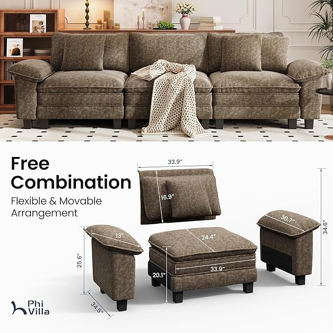 PHI VILLA Modern Modular Couches Sets, 123.6" Cloud Sectional Sofa with Upholstered Deep Seat, 3-Seater Couch for Living Room Small Spaces, Chenille Fabric, Taupe