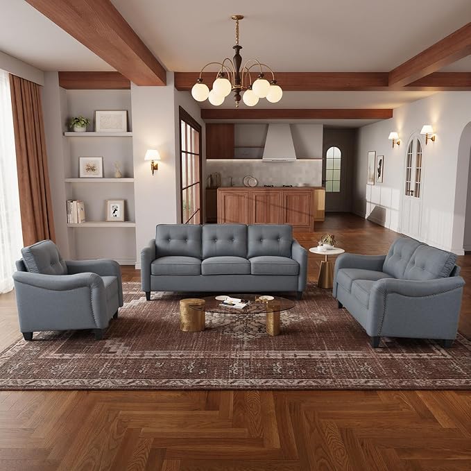 3 Piece 6-Seater Living Room Sofa Set, Modern Upholstered 3-Seater Sofa, Loveseat & Armchair, Handmade Nailhead Trim, Ergonomic Deep-Seat Couch for Living Room (Gray, Rolled Arm)