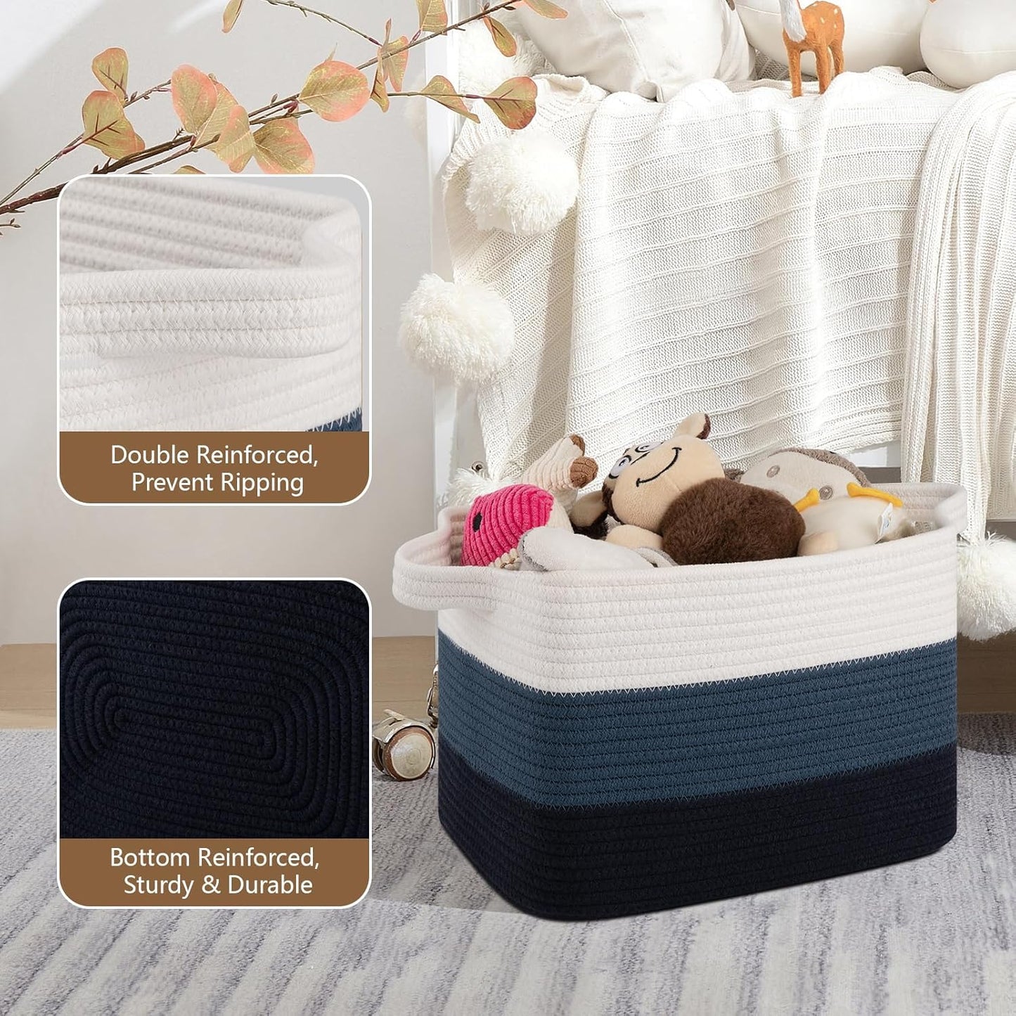 Storage Basket for Organizing, Woven Baskets for Storage, Rectangle Decorative Baskets for Shleves, Closet, Toys, Books, Nursery Organizer Bins - Pack of 3 (Gradient Blue)