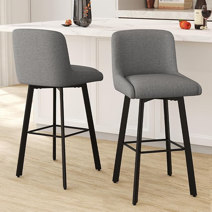 Swivel Bar Stools Set of 4, 29''H Upholstered Barstools with Backs, Modern Counter Height Bar Stool Chairs for Kitchen Island, Metal Legs, Fabric, Gray Counter Stools
