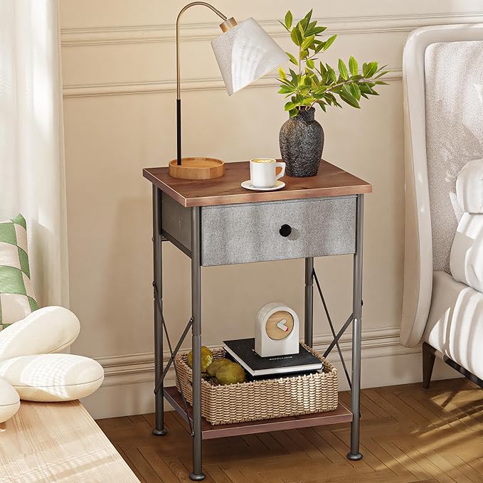 VECELO End Tables, Modern Nightstand with Fabric Drawer & Open Shelf, Night Stand for Bedroom Living Room, Industrial Metal Frame, Easy Assembly, Retro Brown,2 Pack