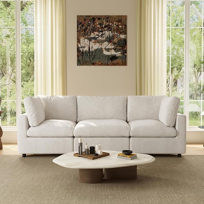 WJShome Modern Sectional Couches for Living Room,100 Inch 3-Seater Chenille Deep Seat Modular Sofa, Cloud Couch for Bedroom and Apartment，Beige