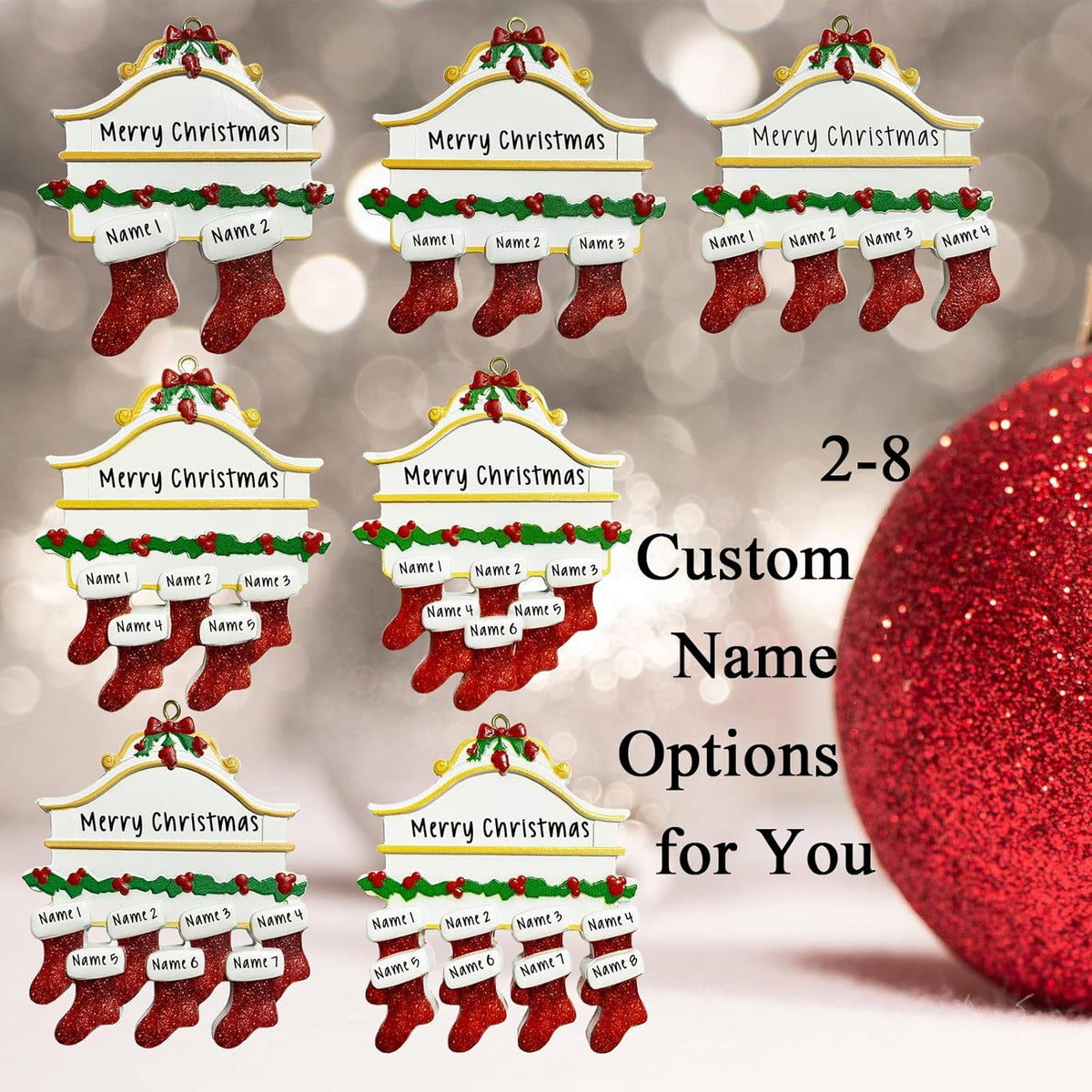 2025 Personalized Christmas Ornaments Family of 2/3/4/5/6/7/8,Custom Christmas Stocking Ornaments Deorations with Names,Customized Xmas Ornament Tree Deorations,Personalized Xmas Ornament Gifts