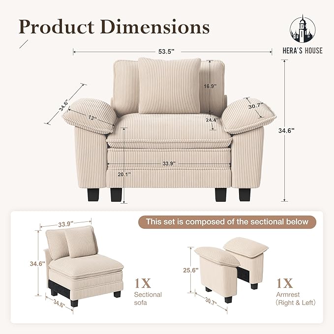 HERA'S HOUSE 54" Modular Sectional Sofa Couches for Living Room, Comfy Cloud Couch 1-Seater Deep Seat Sofa with Throw Pillow, Corduroy Beige