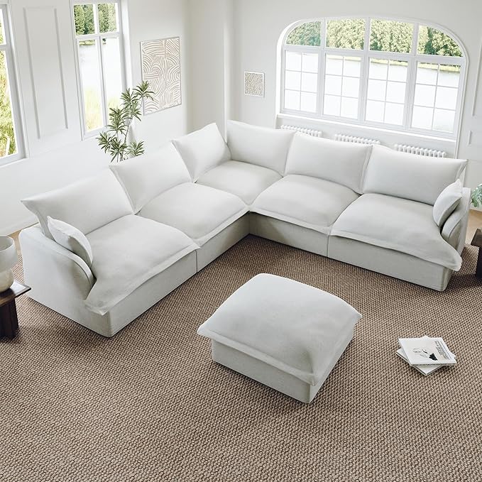 Oversized Cloud Modular Sectional Sofa, Comfy Down Filled Cloud Couch with Removable Cover, V Shaped 5 Seat Couch with Ottoman, Deep Seat Sectional Couches for Living Room, Cream White