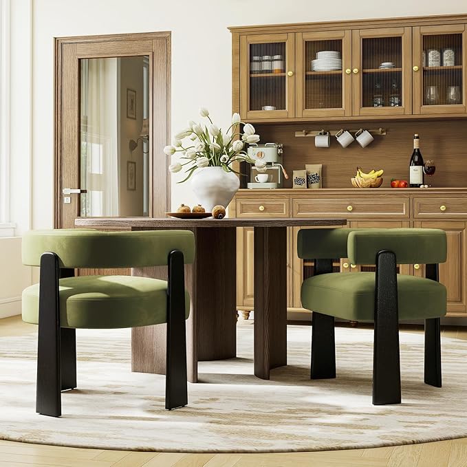 Modern Dining Chairs Set of 2, Upholstered Velvet Barrel Accent Chairs with Backrest & Arms, Wide and Thicker Padded Kitchen Side Chair with Wooden Legs for Dining Room, Livingroom, Dark Green