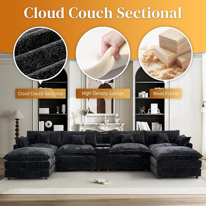 HYJT-H&K 145" U Shaped Cloud Couch Modular Black Fluffy Sectional Couches for Living Room, Comfy Chenille Oversized Cloud Couch Sectional, 6 Seat Large Sectionals Sofa Set Central Console USB