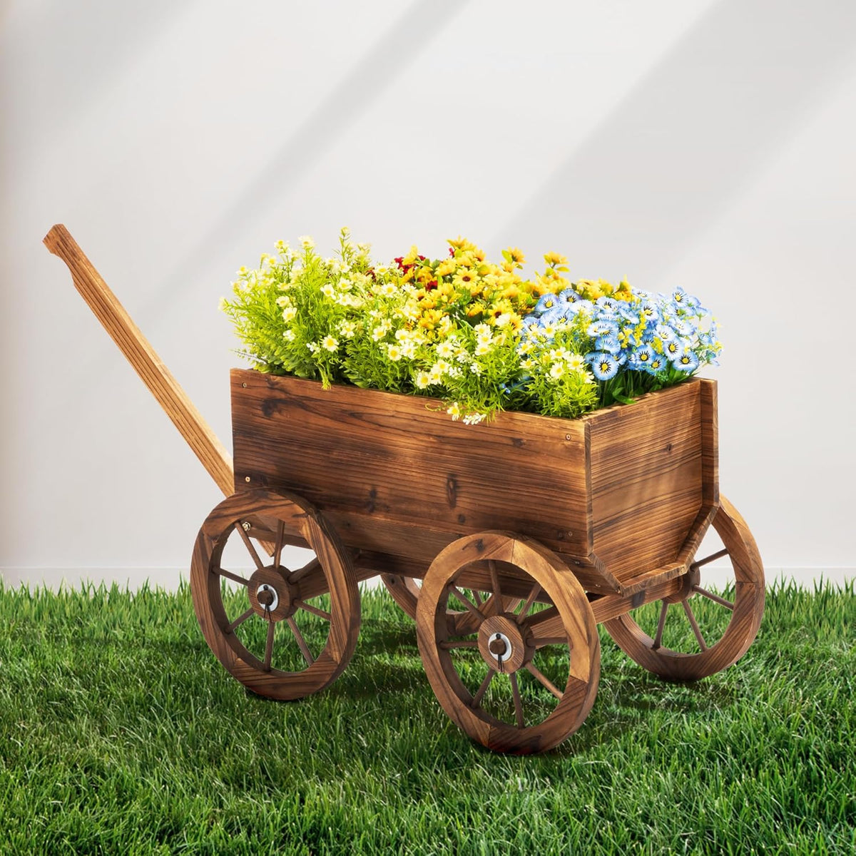 Wood Wagon Planter for Outdoor Balcony Decor - Garden Rustic Wooden Flower Cart with Wheels for Outside - Garden Decor - Amish Decorative Indoor - Wheelbarrow Planter for Patio
