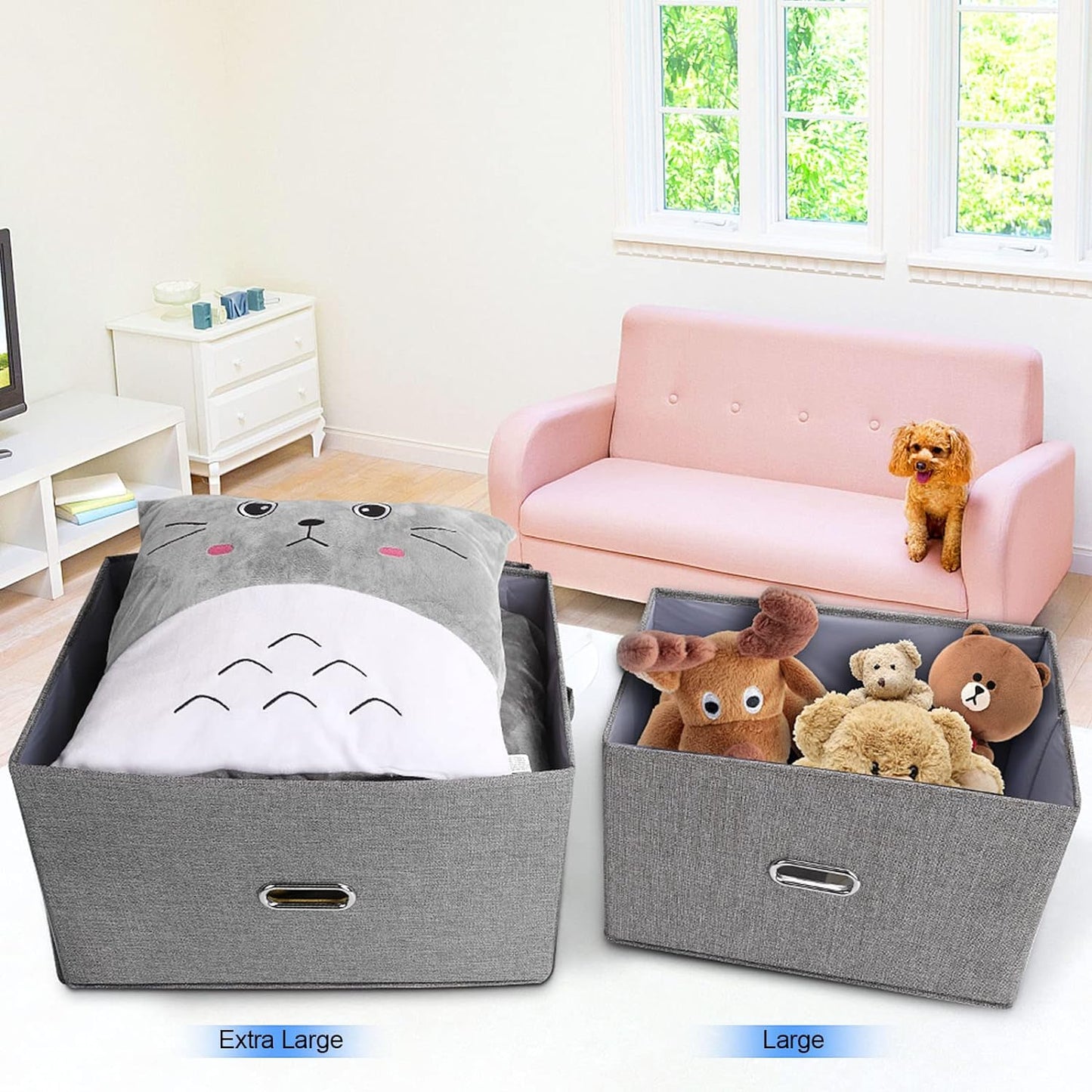 Large Linen Fabric Foldable Storage Bins with Removable Lid and Handles, Washable Storage Box Organizer Containers Baskets Cube with Cover for Bedroom,Closet,Office (Grey, Extra Large(2-Pack))