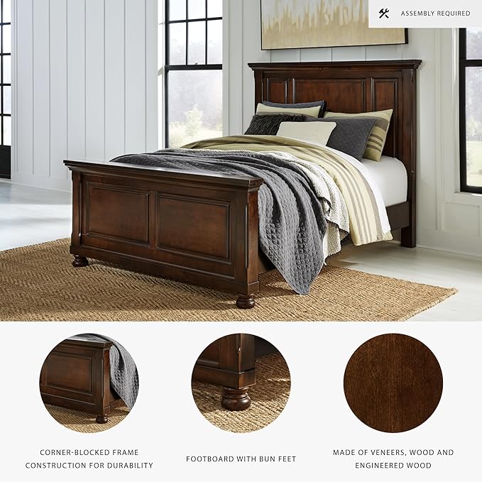 Signature Design by Ashley Porter Traditional Queen Panel Bed, Hand-Finished, Foundation or Box Spring Needed, Wood, 67.81" W x 88.25" D x 60.25" H, Dark Brown
