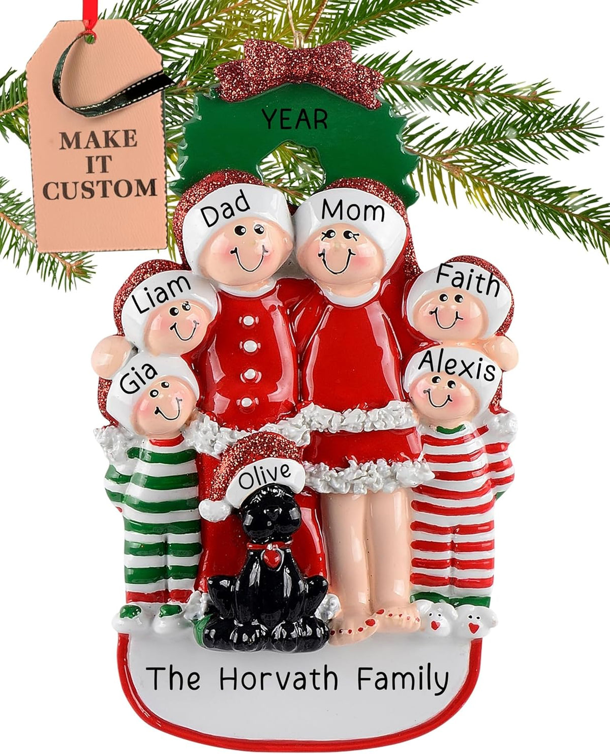 Personalized Family of 6 with Dog Ornament 2025 | Free 24h Customization | Christmas Ornaments for Tree | Custom Gift Wrapped Black Pet Keepsake for Dog-Lovers