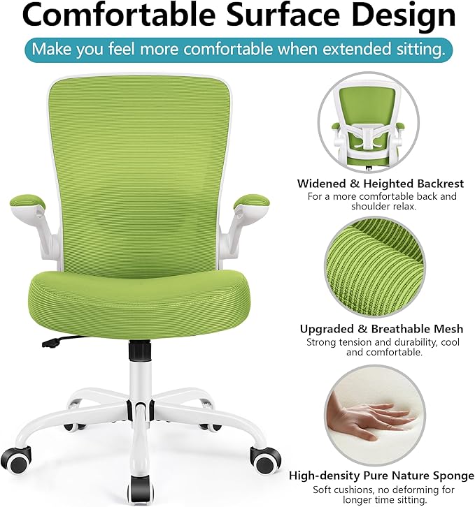 FelixKing Office Chair, Ergonomic Desk Chair Breathable Mesh Chairs Adjustable High Back Lumbar Support Flip-up Armrests, Executive Rolling Swivel Comfy Computer Chairs Home Office Green