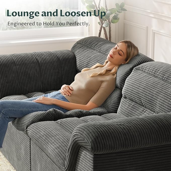 88" Sofa with Deep Seats Oversize, 3 Seater Cloud Couches, Upholstered Corduroy Couch for Living Room Bedroom, No Assembly Required, Dark Gray