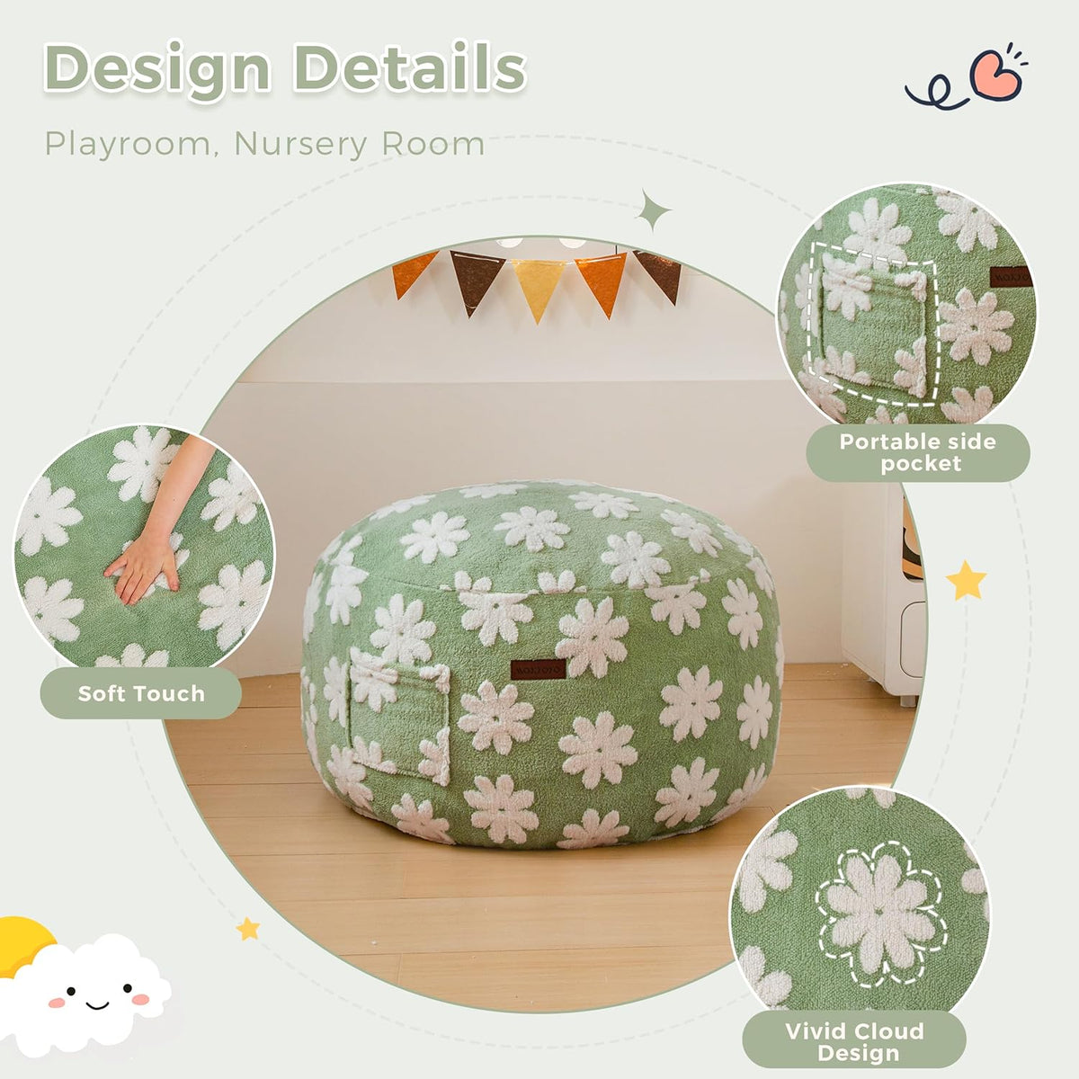 MAXYOYO Bean Bag Chair Bed for Kids, Convertible Bean Bag from Lazy Chair to Floor Bed, Fresh Floral Design Cover, Stuffed Floor Sofa Couch for Boys and Girls, High-Density Foam Filling, Green