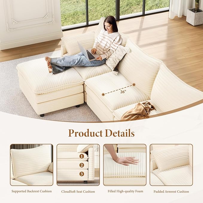 Vesgantti 142" Oversized Sectional Sofa Bed, 8-Seater Modular Sleeper Cloud Couch with Movable Ottoman, Corduroy Convertible Sofa Set Deep Seat Couches for Living Room, Bedroom and Apartment, Beige