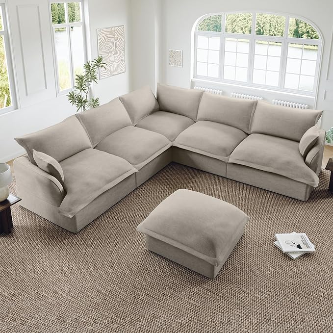 Oversized Cloud Modular Sectional Sofa, Comfy Down Filled Cloud Couch with Removable Cover, V Shaped 5 Seat Couch with Ottoman, Deep Seat Sectional Couches for Living Room, Light Gray