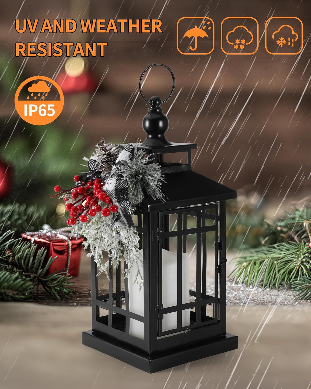 iStatue Metal Black Christmas Lantern with Flameless Candle, 14'' Modern Farmhouse Decor Festive Holiday Rustic Home Gifts for Indoor / Outdoor (Xmas)