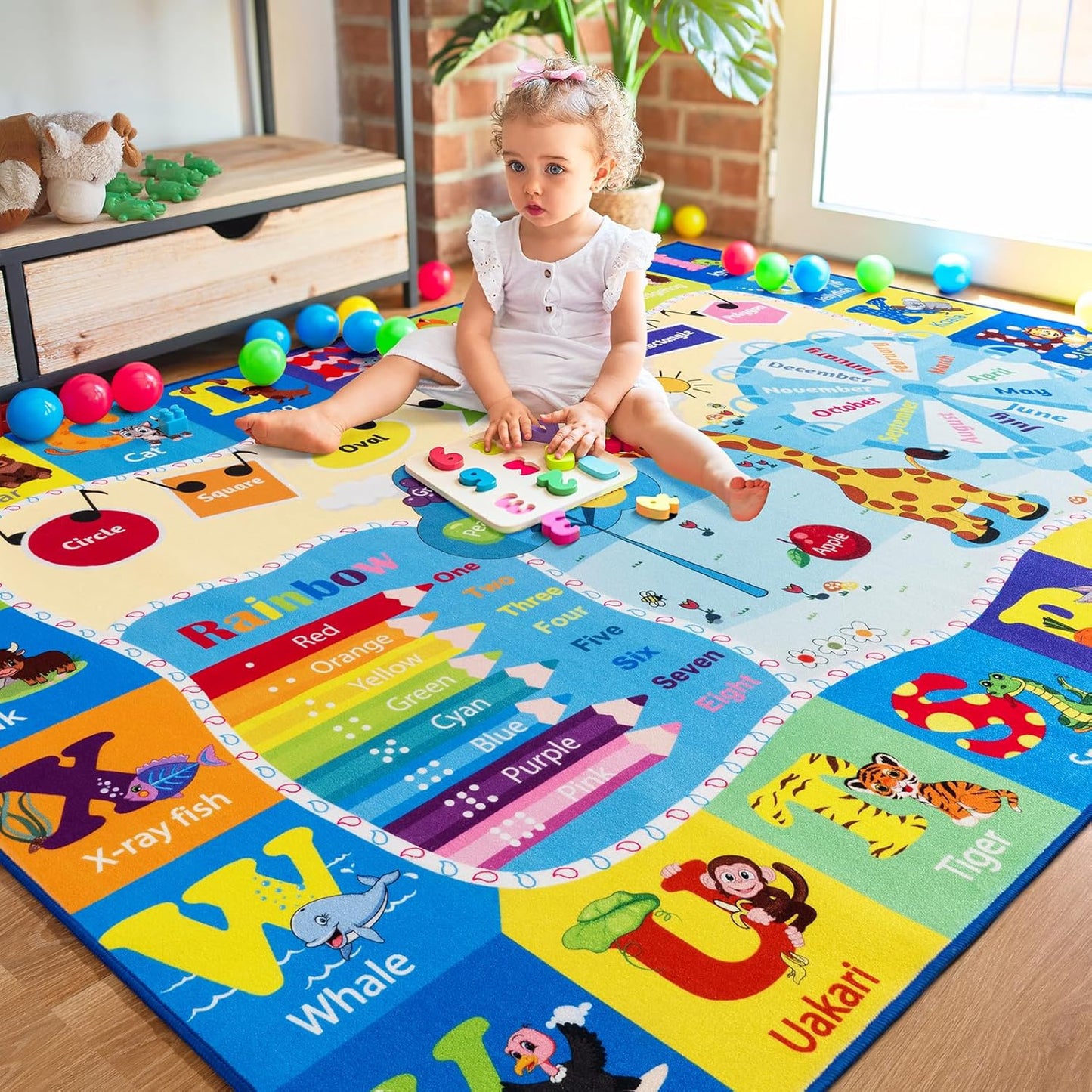 Kids Rugs for Playroom Bedroom Classroom Nursery, Non-Slip and Washable Rugs for Children Toddlers Girls, Educational and Fun Rug Carpets with ABC Alphabet Animals Shapes, 7x10, Blue