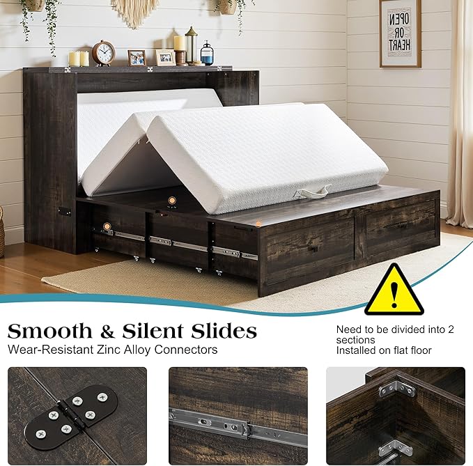 Queen Murphy Bed with Storage and Charging Station, Farmhouse Cabinet Bed, Noise-Free, for Guest Room, Apartment, or Office, Black Oak